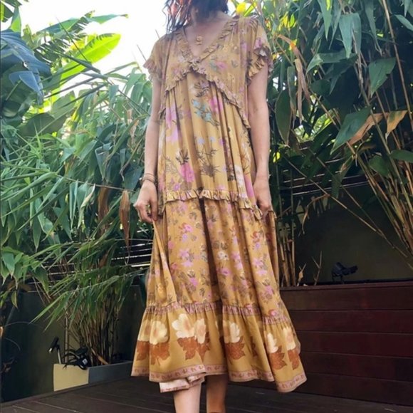 Boho 60s Floral Gypsy Print Maxi Dress Yellow - Picture 8 of 14
